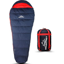 Сплячий мішок MOUNTREX® - Легкий та компактний (760г/1500г) - Outdoor літній спальний мішок (100GSM) / 3-4 сезони (300GSM) - Мумієвидний спальний мішок для кемпінгу, подорожей, фестивалів – Теплий та з'єднуваний (Темно-синій/Червоний, 3 сезони - 1500г (RV Праворуч))