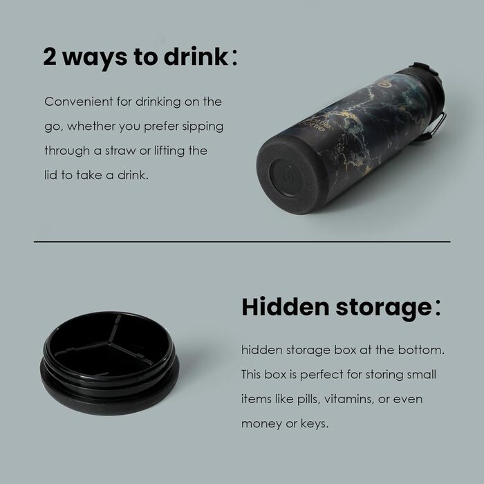 Термобутилка з нержавіючої сталі BOTTLE BOTTLE, спортивна пляшка для води зі соломинкою та регульованою кришкою, для щоденного використання, чорний камінь