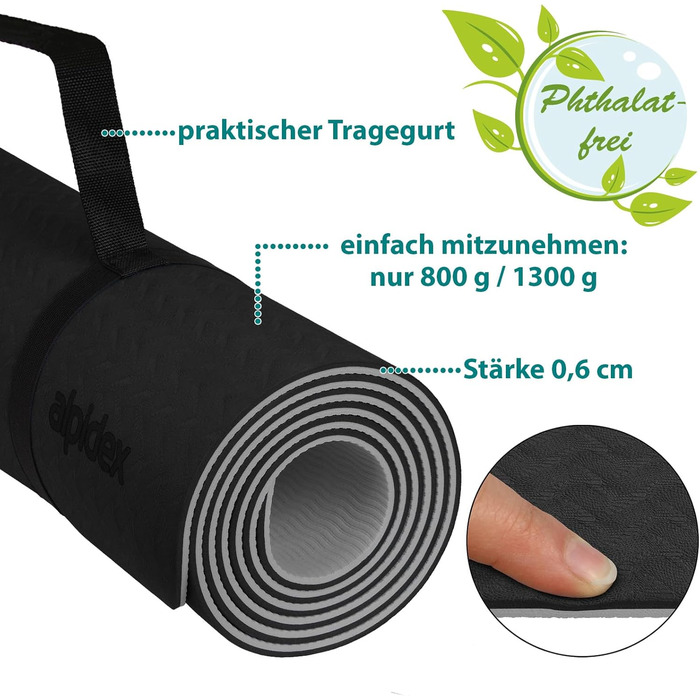 Йога мат ALPIDEX, 190 x 61 x 0.6 см, протиковзка, TPE, чорний/сірий, для фітнесу, йоги, пілатесу, тренувань