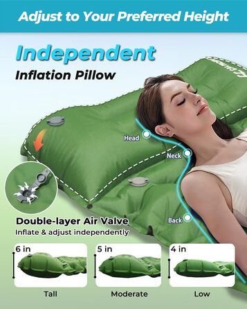 Надувна туристична матрац COOLERO з помпою та подушкою, зелена. Легка, компактна, для кемпінгу та подорожей.