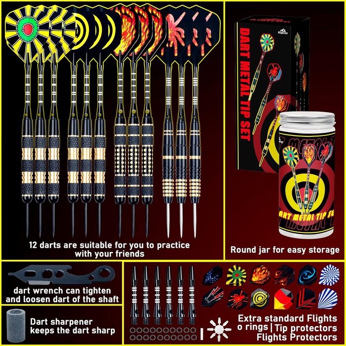Дарти Alyoen 12 шт. металеві, 20/24/26 г, професійні, комплект з алюмінієвими стержнями, пір'ями, точилом, захистом та гумовими кільцями