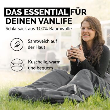 Спальний мішок туристичний 100% бавовна до -3°C з подушкою - Outdoor зимовий та літній спальний мішок [280GSM] для 3-4 сезонів (75x190см) - для жінок та чоловіків (теплий) Сірий
