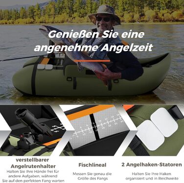Надувне човен FANTASK для риболовлі з насосом, веслами та ременями, bellyboat для дорослих, 150 кг, 135 x 109 x 54 см (зелений)