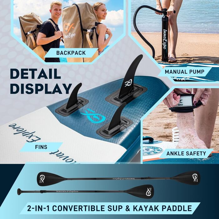 Надувні SUP-дошки InnoExpo 11' з преміум аксесуарами: стабільний дизайн, неслизьке покриття, комплект для каяка (підходить для молоді та дорослих)