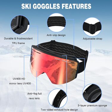 Скі-маска для чоловіків та жінок YH359, сноуборд маска для носіїв окулярів, OTG, антизапітніння, захист від УФ, антиковзаюча стрічка, повне REVO покриття, чорний/REVO червоний - VLT 16%