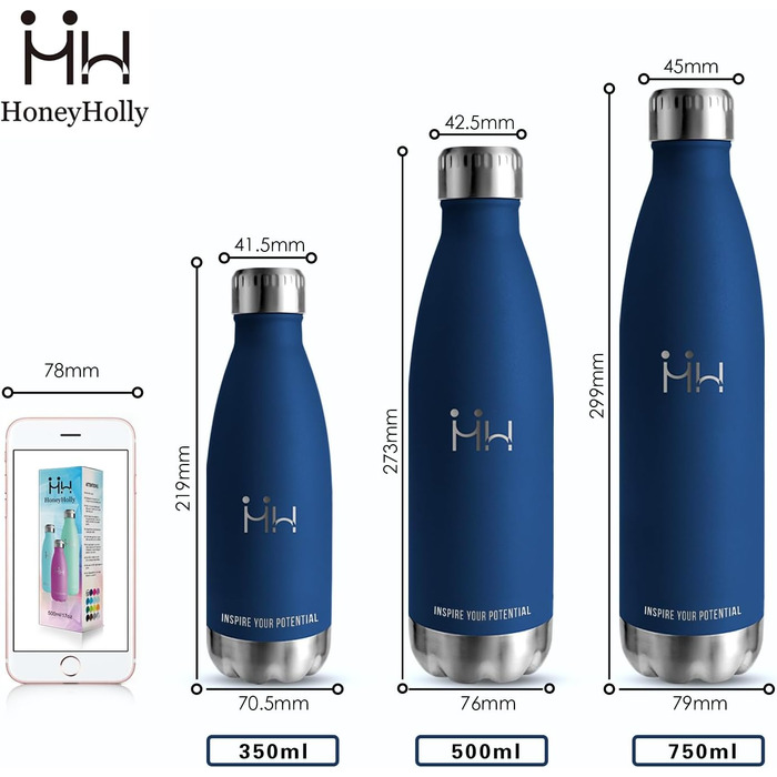 Термобутилка для води HoneyHolly з нержавіючої сталі 500 мл, двостінна пляшка для дітей, спорту та фітнесу, BPA-free, темно-синя