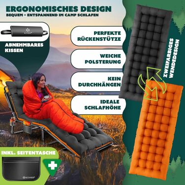 Кемпінгове ліжко KESSER® розкладне, 190x68x30 см, до 250 кг, з Oxford-тканини та сталевим каркасом + сумка, подушка, кишеня та тримач для напоїв, чорний/помаранчевий