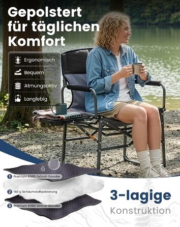 Компактний складаний стілець для кемпінгу KingCamp з підстаканником, підлокітниками та підвищеною міцністю до 200 кг, чорний
