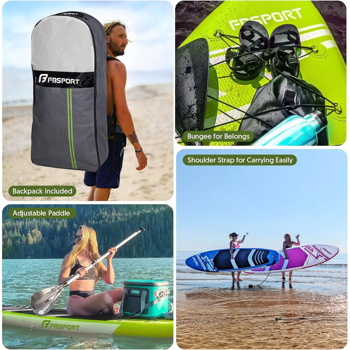 Надувне SUP Board FBSPORT для Stand-Up Paddling з регульованим алюмінієвим веслом та насосом, 15 см товщина, комплект FruitGreen