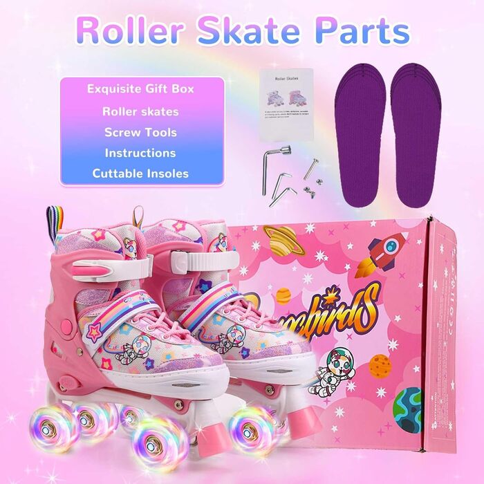 Роликові ковзани для дітей з LED підсвічуванням, регульовані, зручні та дихаючі, квад ковзани для дівчаток та хлопчиків, початківців (рожеві, L(39-42))