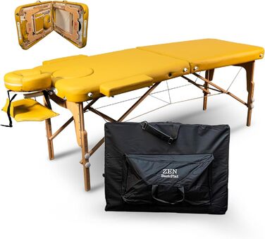 Масажний стіл Zen Basic III: складаний, мобільний, дерев'яний, з регулюванням висоти, для тату та косметології, з підголівником та підлокітниками (кремовий/жовтий)