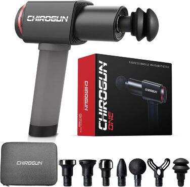 Масажер CHIROGUN® ONE - електричний масажний пістолет з 7 насадками, преміум масажер зі сталі з 6 рівнями інтенсивності, для спини, шиї, плечей, ніг, час роботи акумулятора 7 годин, чорний