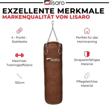 Боксерський мішок Lisaro Profi 150 см - для будь-якого спорту, 40 кг, з металевою ланцюгом, виготовлений з штучної шкіри (вініл), студійного рівня, коричневий