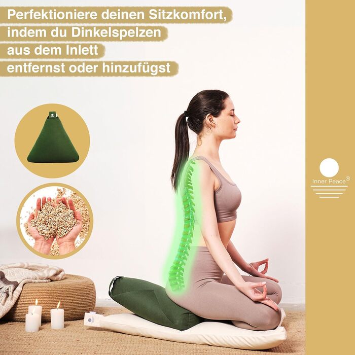 Медитаційна подушка трикутна Inner Peace з органічної бавовни, знімний чохол, наповнювач — біо-спельта, сертифікат Oeko-TEX, для йоги та медитації