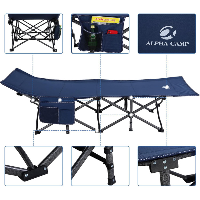 Ліжко туристичне ALPHA CAMP розкладне, XL, легке з кишенею, для кемпінгу, відпочинку на природі, пляжу та саду, блакитне