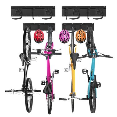 Настінний тримач для велосипедів Sinoer на 6 велосипедів та 5 шлемів, з гачками для зберігання інструментів, регульований для гаража або дому, вертикальний тримач (внутрішня ширина: 90 мм), 3 рейки, 6 велосипедів, 16 дюймів