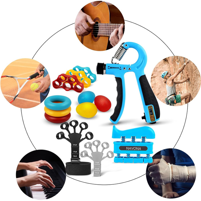 Набір для зміцнення рук та передпліччя (13 шт.): регульовані тренажери, розтягувачі пальців, м'яч для зняття стресу, кільце для хвата, для нарощування м'язів та відновлення після травм рук, Blau