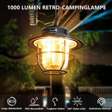 LED кемпінговий ліхтар: портативна налобний ліхтар для кемпінгу, риболовлі, з 4 режимами освітлення, регулюванням яскравості, водонепроникний (IP65), USB-зарядка, чорний