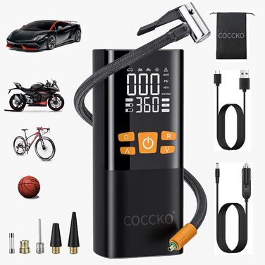 COCCKO Електричний міні-компресор для авто, велосипедів і мотоциклів, 150 PSI, акумулятор, LED-ліхтар, SOS, USB-C, портативний, цифровий дисплей, смарт-режими