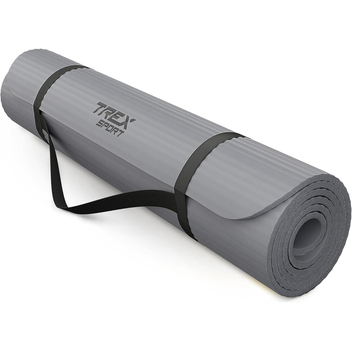 TREX SPORT Килимок для гімнастики та фітнесу | Товстий та м'який, 190x80x1 см, з ручкою для перенесення, неслизький, сірий | Килимок для йоги