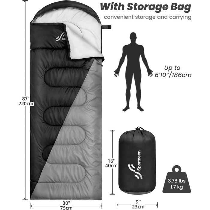 Сплячий мішок Outdoor Sportneer для дорослих та дітей - легкий, зручний для кемпінгу, походу, рюкзака. Розмір 220x75 см, чорно-сірий