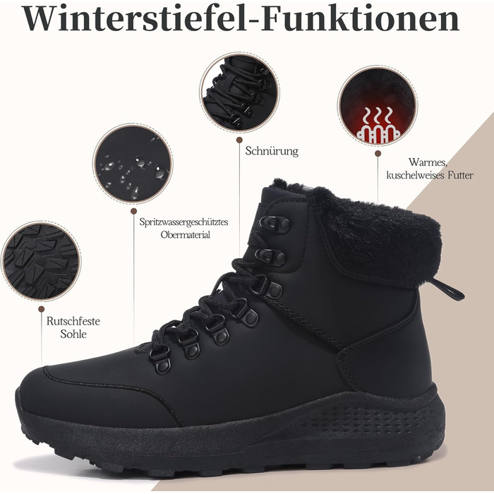 Зимові черевики для жінок, зимові чоботи, утеплені снігові чоботи, трекінгові черевики для хайкінгу, чорний колір, розмір 38 EU