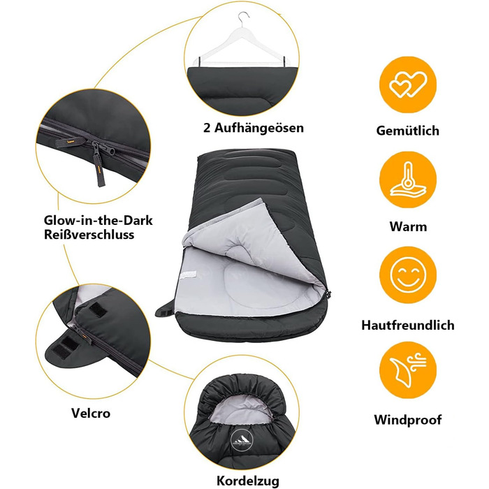 Спальний мішок HikeMeister® Mumienschlafsack 1600 г - для кемпінгу, чорний, 220 x 80 см, з внутрішньою кишенею, комфортна температура 0-15°C, з чохлом для перенесення