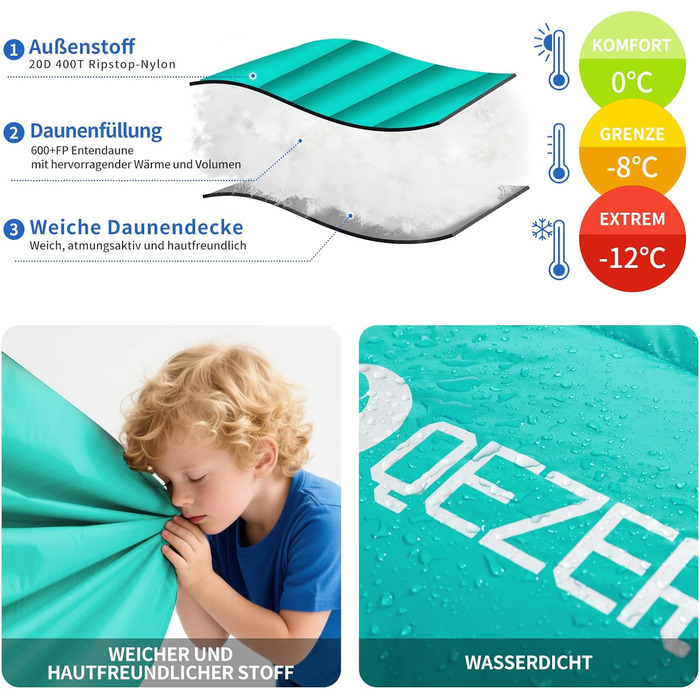 Спальний мішок пуховий теплий зимовий 0°C -23°C для дорослих та дітей, 4 сезони, кемпінг, відпочинок на природі, чорний, зелений