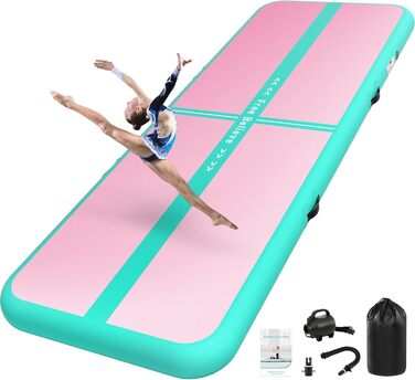 Мата Airtrack Matte для гімнастики, йоги та тренувань: 2/3/4/5/6м, 10/15см товщина, з електричним насосом 600W, для дому, на вулицю, фітнес, гімнастика, зелено-рожевий колір