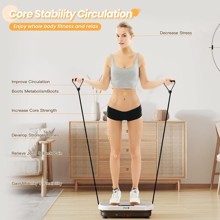 Віброплатформа Dripex 3D з Bluetooth, 99 рівнів вібрації, 5 програм тренувань + гумові амортизатори (білий/чорний)