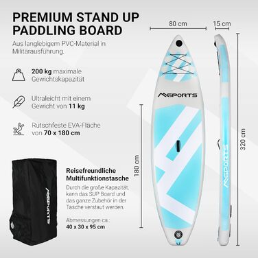 Надувна SUP-дошка MSPORTS з аксесуарами: регульоване весло, якісний насос, 2 веслових стрижні, водонепроникний чохол для смартфона, багатофункціональна сумка, сіро-синя