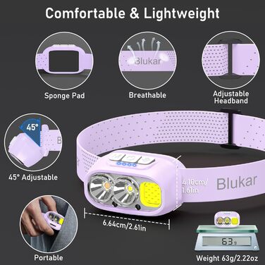 Кепка-ліхтар Blukar LED з 2 режимами кольору, перезарядна, 2000L, регульована яскравість, червоне світло, датчик, 12 режимів, водонепроникна, 30+ годин роботи для надзвичайних ситуацій/кемпінгу/бігу (світло-фіолетовий)