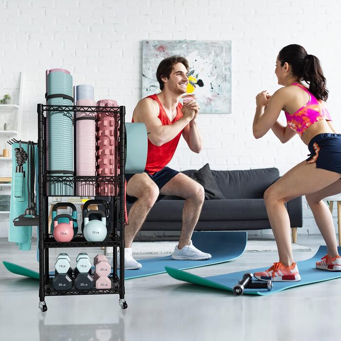 Органайзер для домашнього спортзалу FUTASSI, 3 яруси, з колесами для тренажерів, килимків, ролерів, гантелей, гир та еластичних стрічок, чорний, однорядний