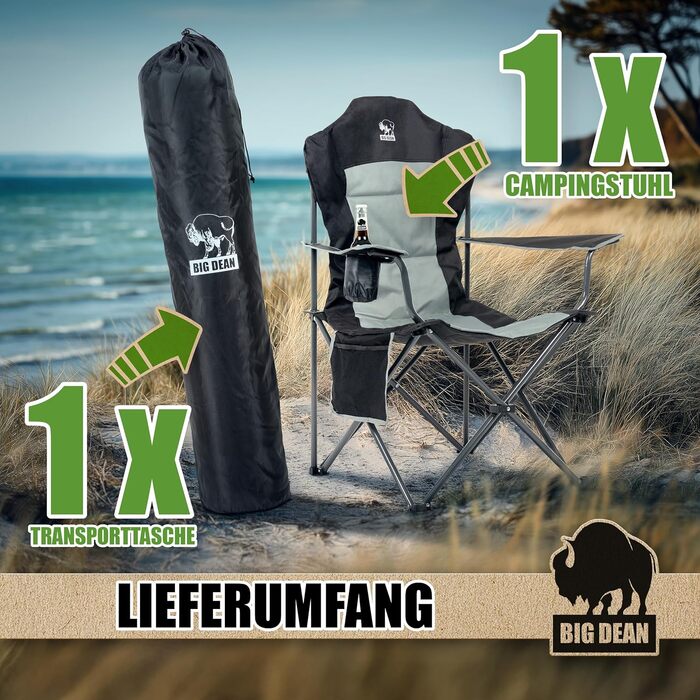 Крісло для кемпінгу BigDean Luxus: розкладне, 160 кг, велике, з високою спинкою, комфортне, з підлокітниками