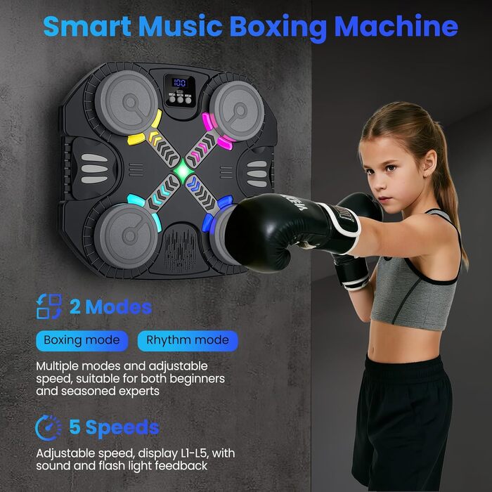 Дитяча боксерська машина з підсвіткою та музикою, Bluetooth, 5 швидкостей, 2 режими тренування, LED, чорна