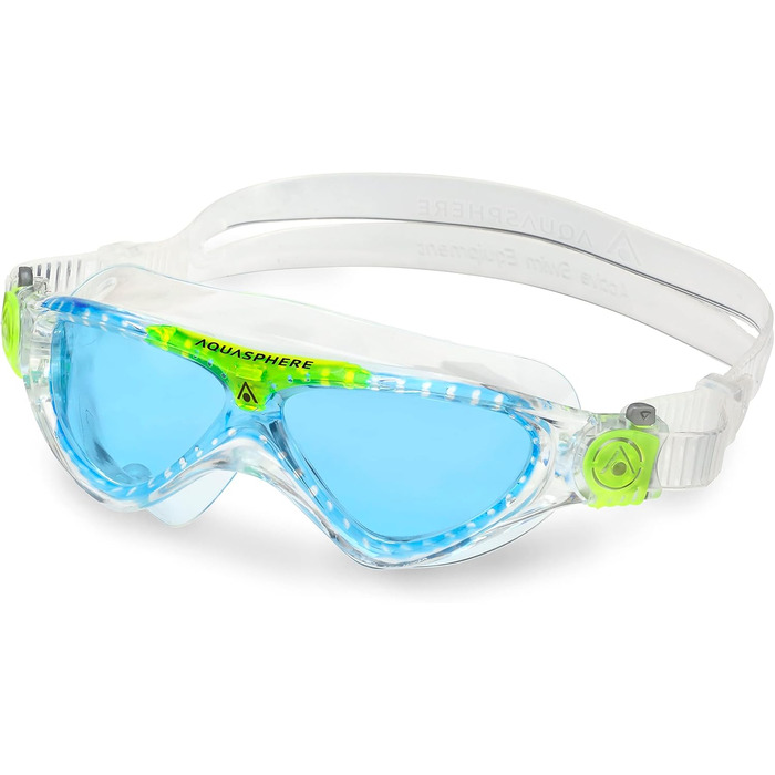 Дитячі плавальні окуляри AQUASPHERE Vista JR з UV-захистом, силіконовим ущільненням, протитуманним та герметичним склом, прозоро-салатові з синіми лінзами для хлопчиків і дівчат від 6 років