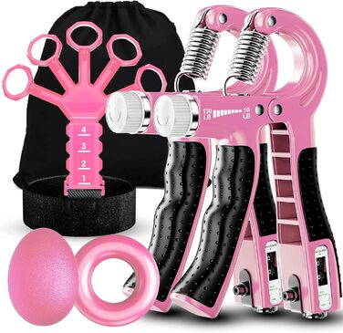 Набір для тренування сили рук Griffkrafttrainer (5шт) з тренажерами для пальців, м'ячем для зняття стресу та сумкою для перенесення, рожевий