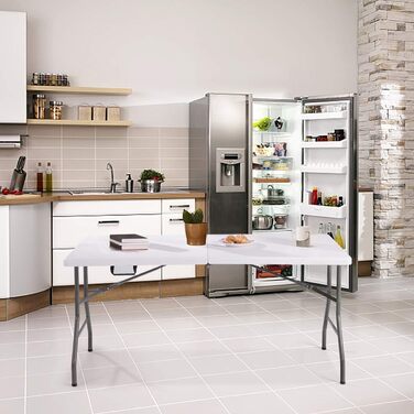 Складаний стіл RELAX4LIFE з ручкою для перенесення, 153 x 74 x 74 см, білий. Витримує до 150 кг. Ідеальний для кемпінгу, саду, балкону, пікніків та ринку.