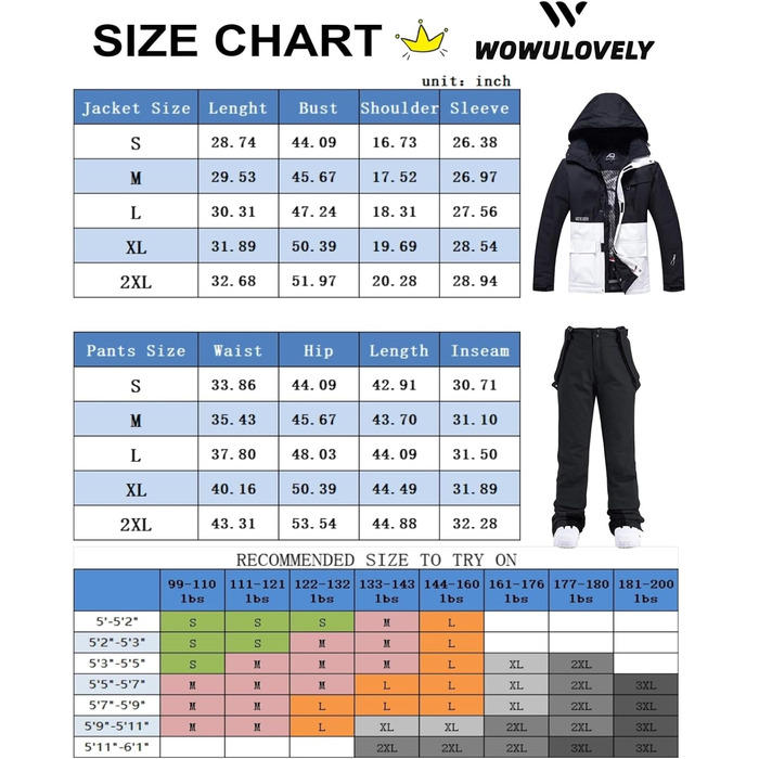 WOWULOVELY Жіночий зимовий комплект для катання на лижах, водонепроникний, вітронепроникний: куртка та штани, ізольований сноуборд, білий (M, Чорний)