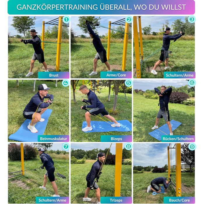 Стрічки для силових тренувань Widerstandsbänder 5 шт. - Набір еластичних стрічок з ручками для тренувань всього тіла з планом тренувань PDF - Натуральний латекс, довговічні, універсальні фітнес-стрічки для жінок та чоловіків