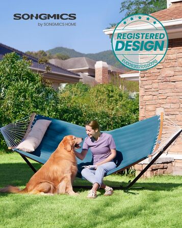 Гамак SONGMICS для 2 осіб з подушкою, сірий-бежевий, 200 x 140 см, до 225 кг, з роздільними бамбуковими стійками