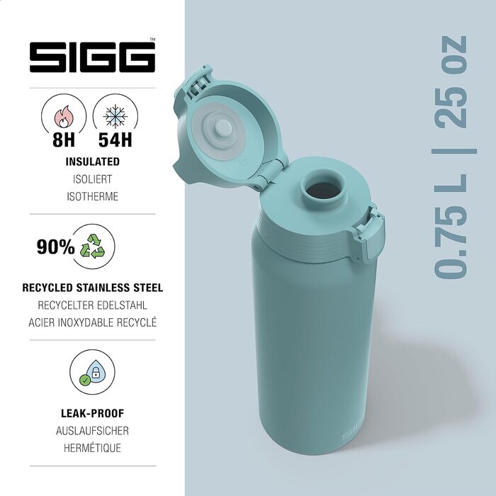 Термос пляшка SIGG Shield One Morning Blue 0,75 л для газованих напоїв, ізольована, герметична, з нержавіючої сталі, придатна для миття в посудомийній машині, BPA-free, 90% перероблений метал, сіро-синя