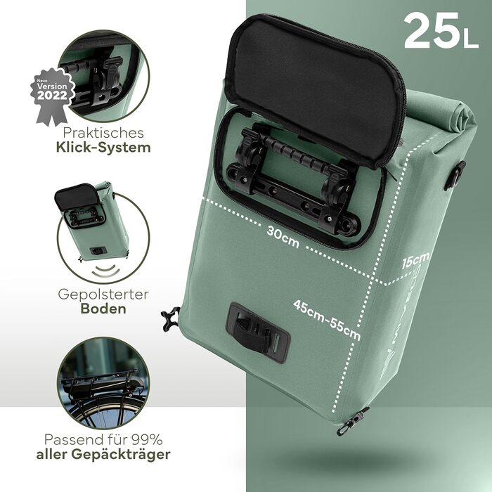 Велосумка на багажник MIVELO 3-в-1: рюкзак, сумка через плече, водонепроникна, без ПВХ, з відділенням для ноутбука, м'ятна