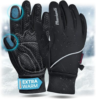 Велосипедні рукавички MACCIAVELLI® для чоловіків та жінок - зимові теплі термо рукавички з підтримкою сенсорного екрану для шосе, MTB та гірського велосипеда. Вітро- та водонепроникні, чорного кольору, розмір L