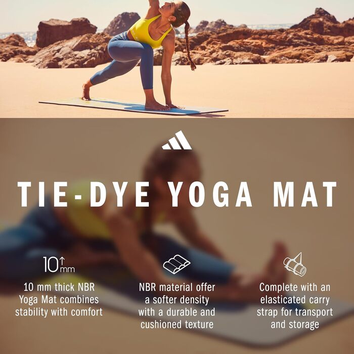 Килимок для йоги adidas Tie-Dye – 10 мм NBR, нековзний, захищає суглоби, з ручкою для перенесення, товстий килимок для пілатесу та фітнесу, 183x61 см, сірий
