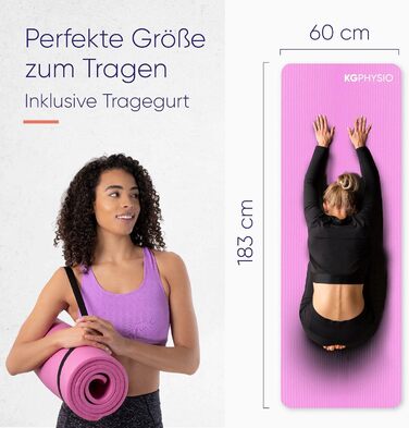 Йога-мат KG Physio 8мм рожева — нековзкий, з ременем для перенесення, фітнес-мат для йоги, пілатесу, спорту, гімнастики, 183x60см