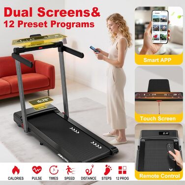 Бігова доріжка Orisyn для дому | 3-в-1 Walking Pad з мотором 2.5PS | 12 км/год, Bluetooth та 12 програм | Dual-LED, складаний, сумісний з APP | Ідеально для невеликих приміщень та домашніх тренувань Dual Mode, макс. 12 км/год, 12 програм та Dual-LED