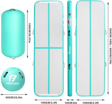 FBSPORT Килимок для гімнастики та йоги з повітряною ролкою, 400x100x10 см (зелений)