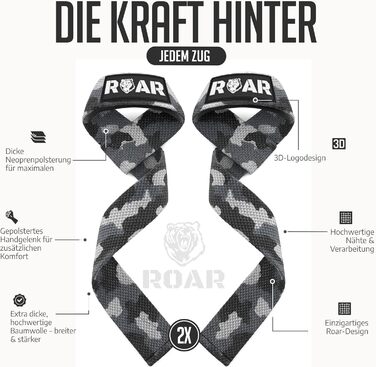 Roar® Ремені для підйому ваги (м'які) для силових тренувань, бодібілдингу, фітнесу - ремені для станової тяги - підтримуючі ремені - для жінок та чоловіків (Cammo)