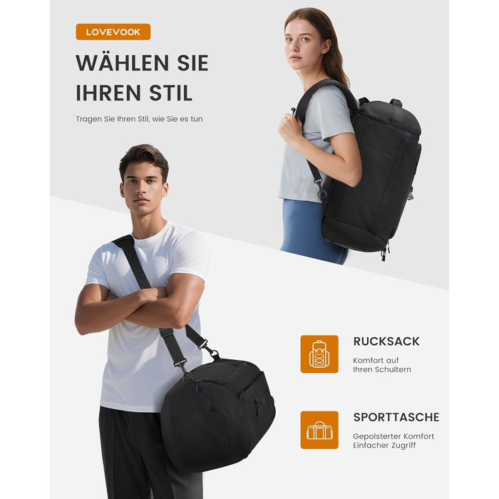 Спортивна сумка LOVEVOOK для жінок та чоловіків, велика сумка для залу, дорожня сумка з відділенням для взуття, водонепроникна сумка для тренувань, плавання, Travel Duffle Bag з рюкзаком, 45L (51*28*32 см), Бежевий